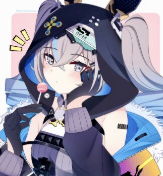 1girl barcode barcode_tattoo bare_shoulders black_gloves black_jacket blue_hair blush breasts bronya_zaychik bronya_zaychik_(haxxor_bunny) candy closed_mouth commentary food gloves gradient_hair grey_background grey_eyes grey_hair hair_between_eyes hair_through_headwear half_gloves hands_up highres holding holding_candy holding_food holding_lollipop honkai_(series) honkai_impact_3rd hood hood_up jacket lollipop long_hair long_sleeves looking_at_viewer marutaro medium_breasts multicolored_hair notice_lines pink_background puffy_long_sleeves puffy_sleeves revision ringlets solo symbol-only_commentary tattoo twintails twitter_username two-tone_background upper_body