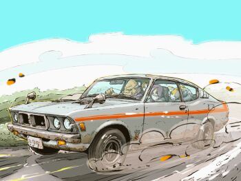 Rule 34 | 2boys, 2girls, bald, blue sky, car, day, dust cloud, facial mark, license plate, mitsubishi galant gto, mitsubishi motors, motor vehicle, multiple boys, multiple girls, muscle car, original, road, side-view mirror, sky, vehicle focus, vehicle request, yabarn