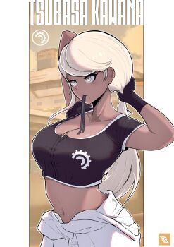 1girl black_gloves black_shirt breasts character_name cleavage clothes_around_waist commentary dark-skinned_female dark_skin english_commentary fingerless_gloves gloves highres jacket jacket_around_waist kawana_tsubasa long_hair medium_breasts midriff mole mole_under_mouth mouth_hold navel shirt short_sleeves solo soshu_(soshuscribbles) stomach the_hundred_line_-last_defense_academy- tying_hair white_hair white_jacket