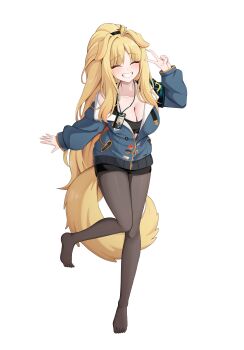 1girl :d absurdres animal_ears armband badge black_pantyhose blonde_hair blue_coat blue_jacket blush breasts cleavage closed_eyes coat commentary_request dog_ears dog_girl dog_tail ezra_(project_moon) facing_viewer heart high_ponytail highres id_card jacket kisa_(leg3043) korean_commentary limbus_company long_hair medal medium_breasts open_clothes open_mouth pantyhose ponytail project_moon sidelocks simple_background smile solo standing star_(symbol) star_medal tail tank_top teeth v very_long_hair white_background
