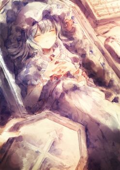 1girl absurdres closed_eyes closed_mouth coffin commentary_request hat hat_ribbon highres in_coffin interlocked_fingers kamu_kotan lying mob_cap on_back own_hands_together puffy_short_sleeves puffy_sleeves remilia_scarlet ribbon shirt short_sleeves skirt solo touhou traditional_media wrist_cuffs