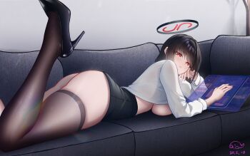 1girl absurdres aifankuendefeng ass black_hair black_shoes black_skirt black_thighhighs blue_archive breasts bright_pupils chinese_commentary commentary_request couch dated foot_up halo high_heels highres hologram indoors large_breasts long_sleeves looking_at_viewer looking_to_the_side lying microskirt on_couch on_stomach patent_heels pumps red_eyes rio_(blue_archive) shirt shoes signature skindentation skirt solo stiletto_heels thighhighs white_pupils white_shirt
