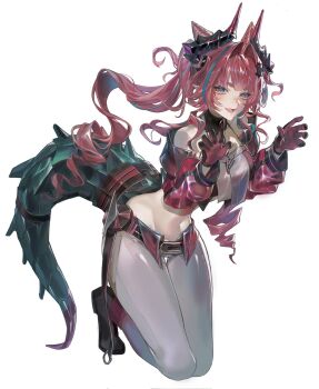 arknights arknights:_endfield bare_shoulders black_gloves blue_eyes blue_hair charismaing commentary dragon_girl dragon_horns dragon_tail gloves highres horns multicolored_gloves multicolored_hair open_mouth pants pink_gloves pink_hair solo symbol-only_commentary tail white_pants yvonne_(arknights)