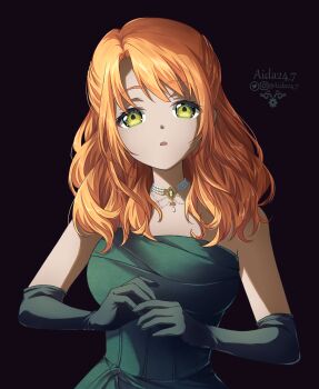 1girl aida24_7 artist_name bare_shoulders black_background breasts character_request commentary copyright_request dress elbow_gloves english_commentary eyelashes gloves green_dress green_eyes green_gloves highres instagram_username jewelry long_hair looking_at_viewer open_mouth orange_hair simple_background sleeveless sleeveless_dress solo twitter_logo twitter_username upper_body