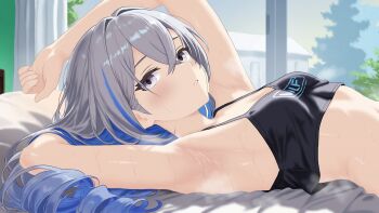 Rule 34 | 1girl, absurdres, armpit focus, armpits, black tank top, blue hair, breasts, commentary, commentary request, drill hair, english commentary, grey eyes, grey hair, highres, honkai: star rail, honkai (series), indoors, lewd chan, lying, midriff, multicolored hair, on back, on bed, parted lips, silver wolf (honkai: star rail), small breasts, solo, sweat, tank top, two-tone hair