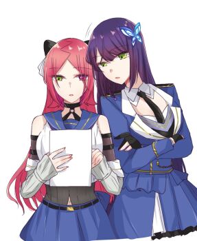 Rule 34 | 2girls, arms under breasts, assault lily, bare shoulders, belt, belt buckle, black belt, black choker, black gloves, black necktie, blue jacket, blue sailor collar, blue skirt, braid, breasts, buckle, butterfly hair ornament, choker, commentary, cowboy shot, crop top, cropped legs, crossed arms, detached collar, detached sleeves, epaulettes, funada kiito, gloves, green eyes, grey shirt, hair ornament, hairpods, hands up, heads together, heterochromia, holding, holding paper, jacket, large breasts, long hair, long sleeves, looking at object, looking down, miniskirt, mole, mole under eye, motion lines, multiple girls, navel, necktie, nigari (ngari 0115), o-ring, o-ring choker, odaiba girls high school uniform, paper, parted bangs, parted lips, partially fingerless gloves, purple hair, reading, red eyes, red hair, ribbed shirt, sailor collar, school uniform, serafuku, shiba tomoshibi, shirt, side-by-side, side braid, simple background, single braid, skirt, sleeves past wrists, standing, undershirt, very long hair, white background, white shirt