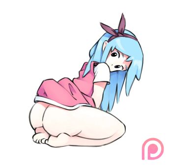 1girl ass blue_hair bow colored_skin dress feet female_focus full_body hairband huge_ass loli nude original simx sitting solo thick_thighs thighs white_background white_skin wide_hips zoey_(simx)