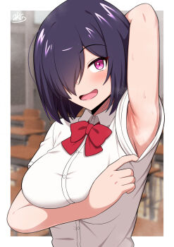 1girl arm_up armpit_focus armpits blurry blurry_background blush border bow bowtie breasts classroom collared_shirt commentary_request eyelashes hair_over_one_eye highres impossible_clothes impossible_shirt indoors jkisaradu large_breasts medium_hair open_mouth original pink_eyes presenting_armpit purple_hair red_bow red_bowtie shirt short_sleeves signature smell solo steaming_body sweatdrop textless_version upper_body white_border white_shirt