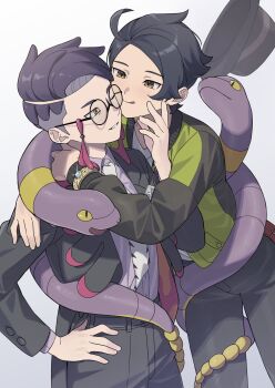 Rule 34 | 2boys, ahoge, amakara000, black-framed eyewear, black hair, black pants, bracelet, collared shirt, commentary request, corbeau (pokemon), ekans, gen 1 pokemon, glasses, glint, green jacket, highres, hug, jacket, jewelry, long sleeves, looking at another, male focus, multiple boys, necktie, nintendo, pants, paxton (pokemon), pokemon, pokemon (creature), pokemon legends: z-a, round eyewear, shirt, short hair, smile, tongue, tongue out, yaoi, yellow eyes