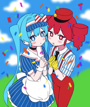 +_+ 2girls :o black_choker black_necktie blue_dress blue_eyes blue_hair blue_sky blush_stickers bow choker cloud cloudy_sky commentary confetti dress drill_hair gloves hair_bow hat hatsune_miku kasane_teto long_hair looking_at_viewer mesmerizer_(vocaloid) multiple_girls necktie open_mouth outdoors overalls own_hands_clasped own_hands_together pinstripe_dress pinstripe_pattern pinstripe_shirt red_bow red_eyes red_hair red_hat red_overalls shirt sky smiley_face symbol-only_commentary tamakiwachi twin_drills twintails very_long_hair visor_cap vocaloid white_bow yellow_gloves
