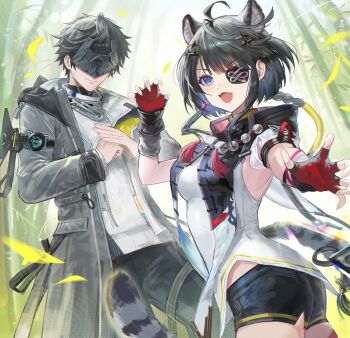 Rule 34 | 1boy, 1girl, ahoge, animal ears, arknights, arknights: endfield, bamboo, bamboo forest, black coat, black hair, black shorts, blue eyes, braid, coat, endministrator (arknights), fingerless gloves, forest, fractalmagnolia, gloves, highres, long hair, looking at viewer, male endministrator (arknights), mask, multicolored gloves, nature, open mouth, outdoors, short hair, shorts, tail, tangtang (arknights), tiger ears, tiger girl, tiger tail, two-tone gloves