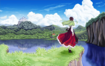 1girl back blue_sky c.c. castle code_geass dress frilled_dress frills full_body green_hair headscarf highres house landscape lolita_fashion long_sleeves nature outdoors puffy_long_sleeves puffy_sleeves red_dress red_headscarf river shinn_(artist) sky solo standing third-party_source water