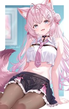Rule 34 | 1girl, :3, absurdres, animal ears, antenna hair, bare arms, bare shoulders, black choker, black skirt, blue eyes, braid, breast pocket, breasts, brown pantyhose, chest harness, choker, collared shirt, commentary request, crop top, crop top overhang, double bun, frilled shirt, frills, gradient eyes, hair bun, hakui koyori, hakui koyori (1st costume), harness, highres, hololive, long hair, looking at viewer, medium breasts, midriff, miniskirt, multicolored eyes, navel, necktie, open mouth, pantyhose, pink necktie, pleated skirt, pocket, shirt, sitting, skirt, sleeveless, sleeveless shirt, smile, solo, stomach, tail, toketa-sekai, virtual youtuber, white shirt, wolf ears, wolf girl, wolf tail