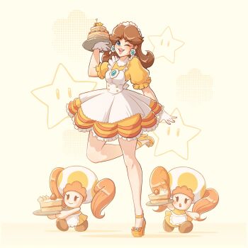 3girls apron black_eyes brown_hair cake cake_slice dress earrings flower_earrings food gloves high_heels highres jewelry long_hair lysum mario_(series) multiple_girls nintendo one_eye_closed orange_dress orange_shoes princess_daisy shoes smile super_star_(mario) twintails white_apron white_gloves