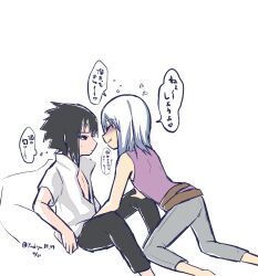 Rule 34 | ^ ^, barefoot, before sex, belt, black hair, black pants, blush, brown belt, closed eyes, grey pants, hand on another&#039;s thigh, hoozuki suigetsu, japanese text, laying on pillows, looking at another, multiple boys, narrowed eyes, naruto (series), naruto shippuuden, pants, purple shirt, sharp teeth, shirt, skinny, smile, teeth, translation request, uchiha sasuke, unbuttoned, unbuttoned shirt, white hair