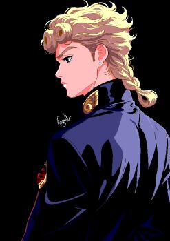 1boy artist_name black_background blonde_hair blue_jacket braid closed_mouth commentary earrings english_commentary from_behind giorno_giovanna jacket jewelry jojo_no_kimyou_na_bouken long_sleeves male_focus pongldr short_hair signature simple_background solo stud_earrings vento_aureo