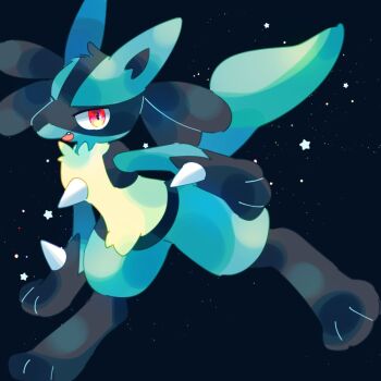 1other black_background blue_fur blue_hair commentary_request fang furry gen_4_pokemon lucario nintendo open_mouth other_focus pokemon pokemon_(creature) red_eyes satan_(zoroa553) solo spikes star_(symbol) tail yellow_fur