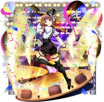 1girl alternate_costume black_skirt black_thighhighs brown_eyes brown_hair closed_mouth commentary confetti english_commentary full_body game_cg heart highres juliet_sleeves long_hair long_sleeves looking_at_viewer nishida_satono nishida_satono_(the_all-too-dark_backup_dancers) official_art puffy_sleeves rotte_(1109) shirt short_hair_with_long_locks skirt smile solo stage stage_lights thigh_strap thighhighs third-party_source touhou touhou_lostword transparent_background white_shirt
