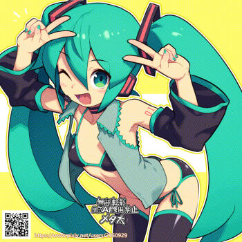 1girl ;d aqua_eyes aqua_hair aqua_nails arm_tattoo bare_shoulders bikini black_bikini black_choker black_sleeves black_thighhighs breasts choker collared_shirt commentary_request cowboy_shot detached_sleeves double_v grey_shirt hair_between_eyes hands_up hatsune_miku headset long_hair long_sleeves looking_at_viewer metata nail_polish navel number_tattoo one_eye_closed open_clothes open_mouth open_shirt qr_code shirt side-tie_bikini_bottom sleeveless sleeveless_shirt small_breasts smile solo stomach swimsuit tattoo thighhighs twintails v very_long_hair vocaloid watermark web_address wide_sleeves