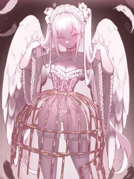 1girl angel angel_wings breasts cleavage cowboy_shot crinoline double-parted_bangs dress feathered_wings feathers frilled_hairband frilled_sleeves frills garter_straps grey_thighhighs hair_between_eyes hairband hands_up highres long_hair looking_at_viewer original panties parted_lips pink_eyes pink_hairband small_breasts solo thighhighs twintails underwear very_long_hair vyeranika white_dress white_hair white_panties wide_sleeves wings