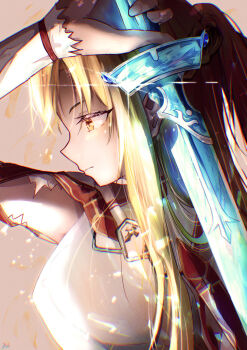 1girl armor asuna_(sao) braid breastplate brown_eyes brown_hair commentary_request from_side highres holding holding_sword holding_weapon long_hair ni_mono sidelocks sword sword_art_online weapon