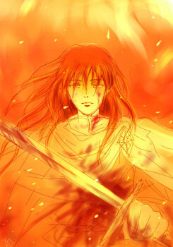 1boy blood blood_on_clothes blood_on_face cape closed_mouth elf floating_hair holding holding_sword holding_weapon looking_at_viewer maedhros male_focus mintkim nostrils pointy_ears red_hair signature solo sword the_silmarillion tolkien&#039;s_legendarium weapon