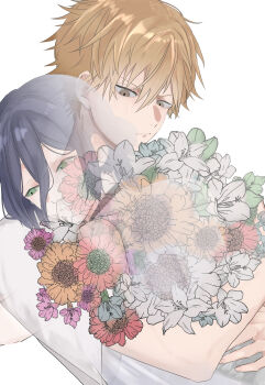 1boy 1girl absurdres black_hair blonde_hair bouquet chainsaw_man commentary_request denji_(chainsaw_man) flower green_eyes grey_eyes hair_between_eyes highres holding holding_bouquet hug reze_(chainsaw_man) shonimon short_hair simple_background white_background