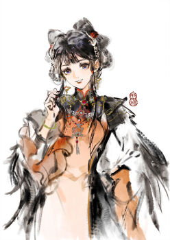 Rule 34 | 1girl, beads, bird hair ornament, black dress, black hair, blue eyes, blunt bangs, bow-shaped hair, braid, braided hair rings, chinese clothes, chinese commentary, collared dress, commentary request, cowboy shot, double bun, dress, earrings, eyelashes, feather-trimmed sleeves, gold earrings, gradient clothes, gradient eyes, grin, hair beads, hair bun, hair ornament, hair rings, hair tubes, hand on own hip, happy, high collar, highres, holding, holding own hair, infinity nikki, jewelry, layered sleeves, lipstick, long sleeves, looking at viewer, makeup, mandarin collar, multicolored eyes, nikki (series), nostrils, orange tabard, realistic, red eyes, red lips, sasora, short hair with long locks, short over long sleeves, short sleeves, simple background, smile, solo, song beyond (infinity nikki), tabard, white background, white sleeves