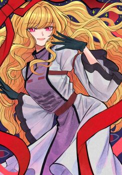 Rule 34 | 1girl, black gloves, blonde hair, bow, commentary request, dress, gloves, highres, missing headwear, purple dress, purple tabard, red eyes, solo, staygold, tabard, touhou, yakumo yukari