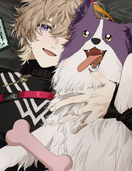 Rule 34 | 1boy, absurdres, blonde hair, cartoon bone, dog, fura kanato, hair between eyes, highres, male focus, matsuhago, murasakinoko (watarai hibari), nijisanji, one eye closed, purple eyes, short hair, smile, turtleneck, upper body, virtual youtuber
