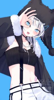 1girl absurdres animal_ear_headwear beanie black_hat black_jacket black_nails black_tube_top blue_background blue_eyes crop_top earflap_beanie fake_animal_ears fur-trimmed_jacket fur-trimmed_sleeves fur_trim hand_glasses hat highres jacket long_hair long_sleeves looking_at_viewer midriff navel nekotora_(nekotora0116) open_clothes open_jacket open_mouth original simple_background solo strapless tube_top upper_body white_hair