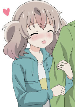 1boy 1girl :d absurdres arm_hug blush closed_eyes fang head_out_of_frame heart highres hood hoodie open_mouth riokasen skin_fang slow_loop smile twintails white_background yoshinaga_koi