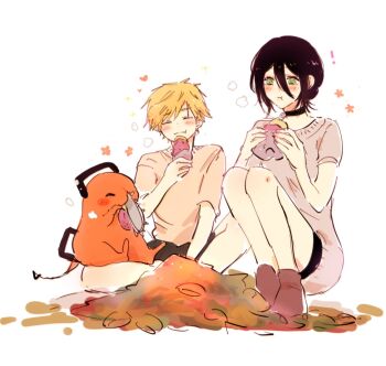 ! 1boy 1girl black_choker black_hair black_shorts blonde_hair blush chainsaw_man choker closed_eyes commentary creature denji_(chainsaw_man) eating food green_eyes grenade_pin grey_shirt hair_between_eyes hair_bun holding holding_food indian_style pochita_(chainsaw_man) reze_(chainsaw_man) roasted_sweet_potato shirt short_hair short_sleeves shorts sitting smile steaming_food sweet_potato symbol-only_commentary updo wata_meamai white_background