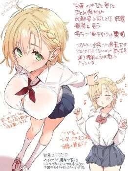 1girl ankle_socks arrow_(symbol) artist_name blonde_hair blue_skirt bow bowtie braid breasts button_gap childhood_friend_(ukitamilk) closed_mouth collarbone collared_shirt commentary_request cowboy_shot dress_shirt earrings floating_hair green_eyes hands_up highres jewelry large_breasts leaning_forward light_blush long_sleeves looking_at_viewer miniskirt multiple_views musical_note necktie original pleated_skirt puckered_lips red_bow red_bowtie red_necktie shirt shoes short_hair simple_background single_braid skirt smile sneakers socks tented_shirt translation_request ukitamilk whistling white_background white_shirt white_shoes