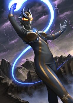 1girl absurdres alien arm_up armor artist_logo breasts camearra camearra_whip cloud color_timer colored_skin commentary crossed_legs crystal curled_fingers dark_cloud dust_cloud dutch_angle energy energy_weapon energy_whip facial_mark feet_out_of_frame forehead_jewel giant giantess glowing glowing_eyes gold_skin grey_skin highres holding holding_whip horns ice ice_weapon ice_whip kazuzu-art lightning logo looking_ahead medium_breasts mountain multicolored_skin orange_eyes outdoors overcast purple_lightning ruins seijin shoulder_armor silver_skin sky solo storm supervillain tokusatsu toned toned_female tsurime ultra_series ultraman_tiga:_the_final_odyssey ultraman_tiga_(series) whip wrinkled_skin