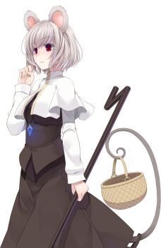 1girl animal_ears basket brown_skirt brown_vest capelet closed_mouth commentary_request cowboy_shot crote crystal dowsing_rod fingernails from_side grey_hair hand_up highres holding holding_basket holding_with_tail index_finger_raised jewelry large_variant_set long_skirt long_sleeves mouse_ears mouse_girl mouse_tail nazrin pendant prehensile_tail raised_eyebrows red_eyes scratching_cheek shirt short_hair skirt solo standing tachi-e tail touhou transparent_background variant_set vest white_capelet white_shirt wide-eyed