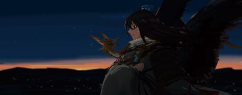 Rule 34 | 1girl, absurdres, animalization, armor, bird wings, black hair, blue dress, blue hat, brown wings, closed eyes, closed mouth, commentary request, crossed arms, dress, evening, feathered wings, fox, haruaki (onkai planaria), hat, highres, iizunamaru megumu, kudamaki tsukasa, kudamaki tsukasa (fox), long hair, open mouth, outdoors, pauldrons, shoulder armor, single pauldron, smile, tokin hat, touhou, upper body, wings