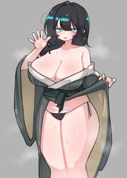 1girl :d arm_up bare_shoulders bikini black_hair black_panties blue_eyes blunt_bangs breasts collarbone double-parted_bangs fang green_kimono hair_over_shoulder highres holding_kimono huge_breasts huge_sleeves japanese_clothes kim_aendeo kimono looking_at_viewer loose_clothes loose_hair_strand loose_kimono medium_hair no_bra open_mouth original panties plump print_kimono side-tie_bikini_bottom smile solo standing steaming_body sweat sweatdrop swimsuit thick_thighs thighs underwear waving wet wet_hair wide_hips