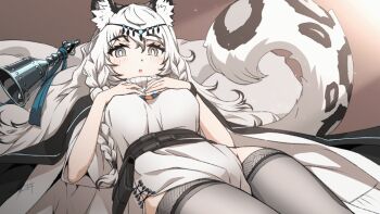 1girl :o animal_ears animated animated_gif arknights blinking braid brown_background cowboy_shot dress ear_wiggle grey_eyes grey_hair grey_thighhighs hands_on_own_chest jewelry looking_at_viewer lying multicolored_hair necklace on_back pelvic_curtain pramanix_(arknights) scarf seto_tinami side_braids simple_background snow_leopard_ears snow_leopard_girl snow_leopard_tail solo streaked_hair tail tail_wagging thighhighs tiara white_dress white_hair white_scarf