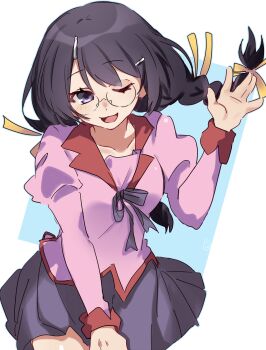 Rule 34 | 1girl, :3, absurdres, arm up, bakemonogatari, black hair, blue skirt, braid, breasts, commentary request, glasses, hair ornament, hairpin, hanekawa tsubasa, highres, juliet sleeves, large breasts, light blush, long hair, long sleeves, looking at viewer, monogatari (series), multiple hairpins, naoetsu high school uniform, one eye closed, open mouth, pink serafuku, puffy sleeves, purple eyes, school uniform, serafuku, simple background, single braid, skirt, solo, tsugumi (tgm 615486), white background