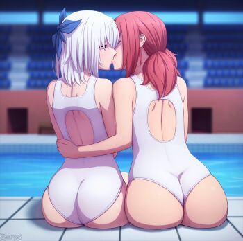2girls arm_around_waist ass back back_cutout bare_shoulders butt_crack clothing_cutout competition_swimsuit closed_eyes from_behind hair_ribbon hand_on_own_hip highres hip_focus keijo!!!!!!!! kiss miyata_sayaka multiple_girls one-piece_swimsuit pink_hair pool poolside red_hair ribbon sitting skindentation swimsuit toyoguchi_non water wedgie white_hair white_one-piece_swimsuit wide_hips yuri zoryc