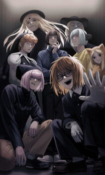 Rule 34 | 2girls, 6+boys, black background, black eyes, black jacket, black sweater, blonde hair, clown, etheral q, facial mark, fangs, fingernails, glasses, gloves, highres, human head, jacket, kitty carpet (randal's friends), looking at viewer, luther von ivory, multiple boys, multiple girls, nana (randal's friends), nil (pixiv 53614557), nyen (randal's friends), nyon (randal's friends), on one knee, orange hair, pink hair, randal's friends, randal ivory, sebastian de tomato smith chicken legs, sharp fingernails, short hair, snake girl, squatting, sweater, turtleneck, turtleneck sweater, whisker markings, white gloves