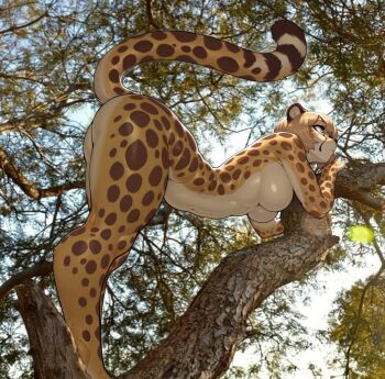 1girl animal_ears animal_nose animal_print ass blonde_hair body_fur breasts cheetah_girl completely_nude extra_ears furry furry_female highres in_tree large_breasts leopard_print navel nude original photo-referenced photo_background solo tail thighs tree whloffortune yellow_eyes yellow_fur