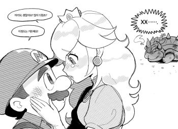 1boy 1girl bbik_gam3 blush bowser brooch buttons clothes_writing commentary_request crown dress earrings elbow_gloves facial_hair gloves gold_crown gown greyscale hat horns jewelry korean_commentary large_nose leg_up long_hair long_sleeves looking_at_viewer lying mario mario_(series) monochrome mustache newsboy_cap nintendo on_stomach overalls pointed_crown princess_peach shell shirt shoes short_hair simple_background sphere_earrings spiked_hair spiked_shell turtle_shell white_background white_gloves
