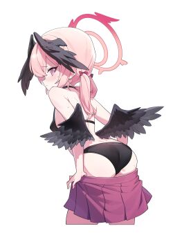 1girl absurdres bada_(jksh5056) bare_back bare_shoulders black_bra black_choker black_panties black_wings blue_archive bra breasts choker facing_away hair_ribbon hair_wings halo highres koharu_(blue_archive) looking_at_viewer low_twintails panties pink_hair red_halo ribbon simple_background small_breasts solo swimsuit twintails underwear undressing white_background wings