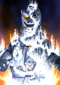 1other android black_eyes blue_fire burning claws damaged fake_godzilla fire giant giant_monster glowing glowing_eyes godzilla_(series) godzilla_vs._mechagodzilla hisshamaru kaiju looking_at_viewer mecha mecha_focus mechabare mechagodzilla missile night night_sky no_humans no_pupils nostrils outdoors rivets robot sky solo star_(sky) toho tokusatsu upper_body white_fire yellow_eyes