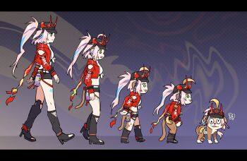 1girl :d ? ?? absurdres ahoge black_footwear black_hat black_shorts commentary_request crop_top cross-eyed evolution from_side green_eyes hat high_heels highres honkai:_star_rail honkai_(series) horned_hat jacket letterboxed long_hair long_sleeves midriff monkey multiple_views open_clothes open_jacket open_mouth pink_hair ponytail profile rappa_(honkai:_star_rail) red_jacket sakana_(fishchunk) shirt short_shorts shorts smile very_long_hair walking white_shirt