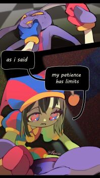 1boy 1girl animal_ears asymmetrical_gloves black_eyes blue_eyes blue_gloves brown_hair chippi127 colored_sclera colored_skin colored_teeth dentures furry gloves grid_teeth hat hat_bell jax_(the_amazing_digital_circus) jester jester_cap jester_costume mismatched_gloves multicolored_eyes multicolored_hat overalls pomni_(the_amazing_digital_circus) puffy_sleeves rabbit_boy rabbit_ears red_eyes red_gloves red_overalls short_hair short_sleeves squiggle_eyes striped_clothes striped_headwear teeth the_amazing_digital_circus two-tone_eyes vertical-striped_clothes vertical-striped_headwear white_skin yellow_sclera yellow_teeth