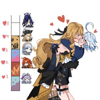 6+girls aiming aiming_at_viewer arm_around_neck ayaka_(genshin_impact) bakeryowl black_gloves blonde_hair blue_hair blue_hat clorinde_(genshin_impact) closed_eyes commentary cup drill_hair earrings elbow_gloves english_commentary furina_(genshin_impact) genshin_impact gloves grey_eyes grin gun hand_on_another&#039;s_back hat hat_feather heart highres holding holding_cup holding_gun holding_weapon hug jewelry kiss kiss_meter_(meme) kissing_cheek lipstick_mark lipstick_mark_on_face long_hair mavuika_(genshin_impact) meme multiple_girls navia_(genshin_impact) one_eye_closed purple_hair red_eyes red_hair simple_background smile teacup thigh_strap weapon white_background white_gloves yumemizuki_mizuki yuri