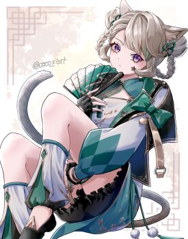 1girl alternate_costume animal_ear_fluff animal_ears black_bloomers black_gloves black_shoes bloomers bow braid cat_ears cat_girl closed_mouth commentary facial_mark fingerless_gloves fingernails folding_fan genshin_impact gloves green_bow grey_hair hand_fan hand_on_own_leg highres holding holding_fan kuromuru long_sleeves looking_at_viewer lynette_(genshin_impact) lynette_(parallels_meet)_(genshin_impact) purple_eyes shoes sitting solo star_(symbol) star_facial_mark twitter_username underwear